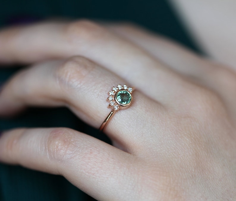 Round Sapphire Engagement Ring Rose Gold, Green Sapphire Diamond Ring, Sapphire Diamond Engagement Ring image 6