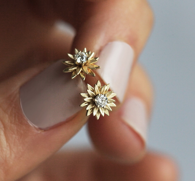 Diamond Flower Studs Sunflower Earrings 14k Solid Gold Etsy