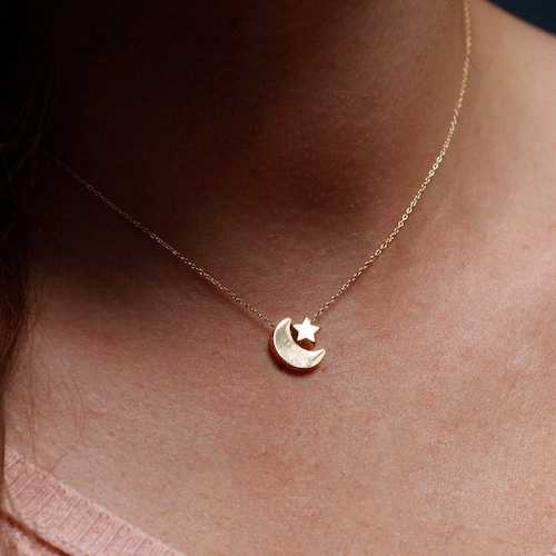 Crescent Moon Star Necklace Gold Filled 