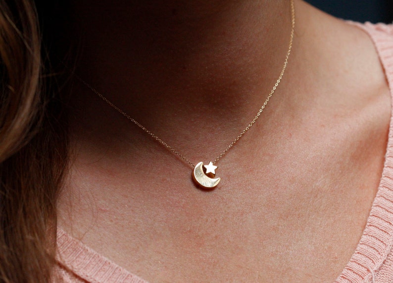 Crescent Moon Star Necklace, Gold Filled or 14k Solid Gold image 1