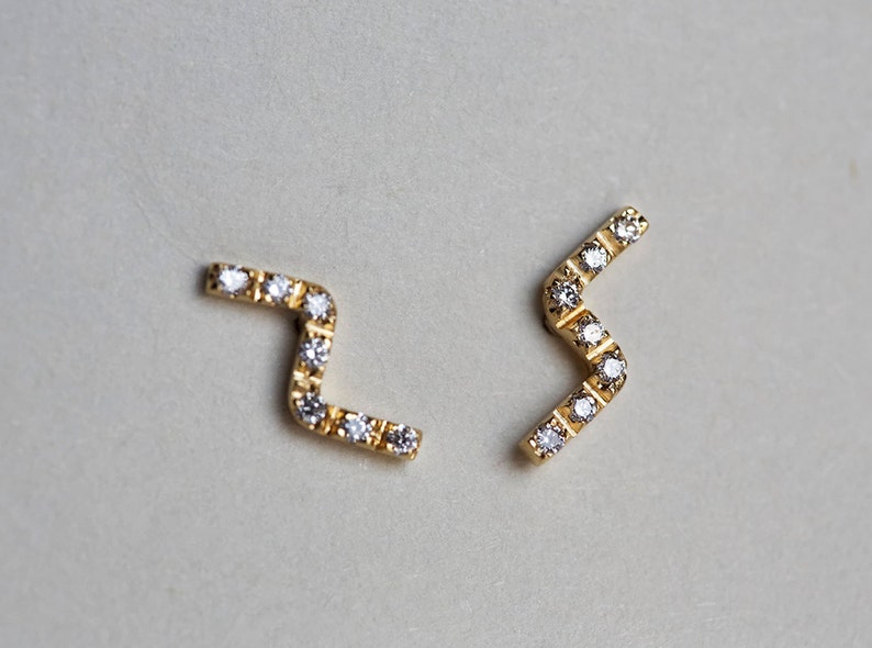 Gold Delicate earrings, Tiny Diamond Line Earrings, Line Studs Ear Pin, Lightning Bolt Studs, Micro Pave Jewelry Set, elegant earrings image 3