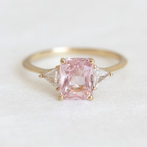 Peach Blush Sapphire Engagement Ring, Radiant Peach Sapphire Ring with Trillion Diamonds, Trillion Diamond Ring by Minimalvs image 9