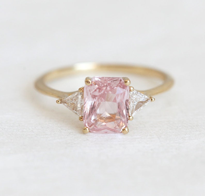 Peach Blush Sapphire Engagement Ring, Radiant Peach Sapphire Ring with Trillion Diamonds, Trillion Diamond Ring by Minimalvs image 9