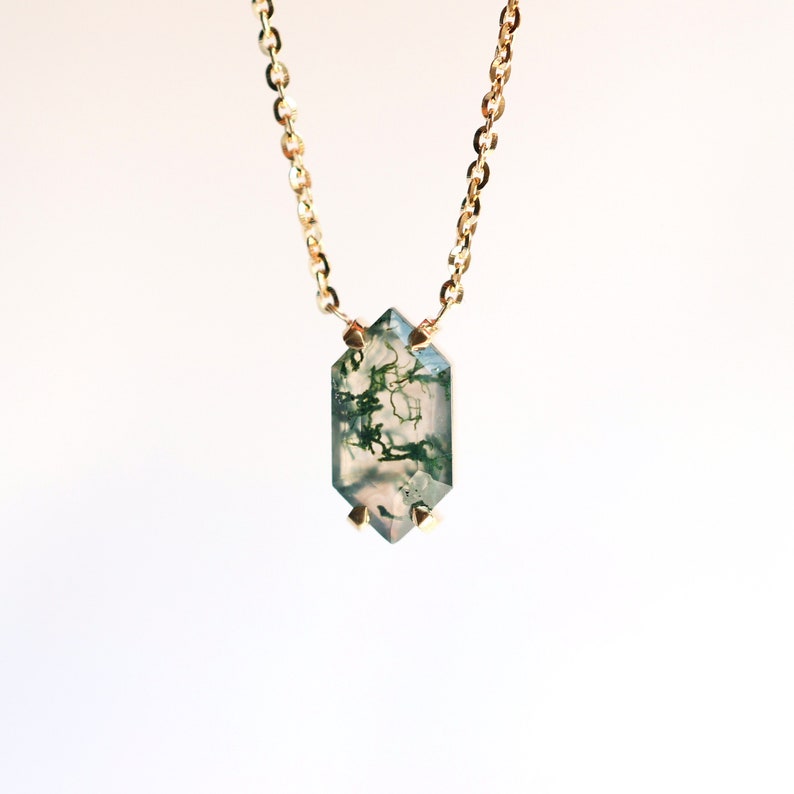 Hexagonal Moss Agate Necklace, Natural Stone with Inclusions, Yellow Gold Jewelry