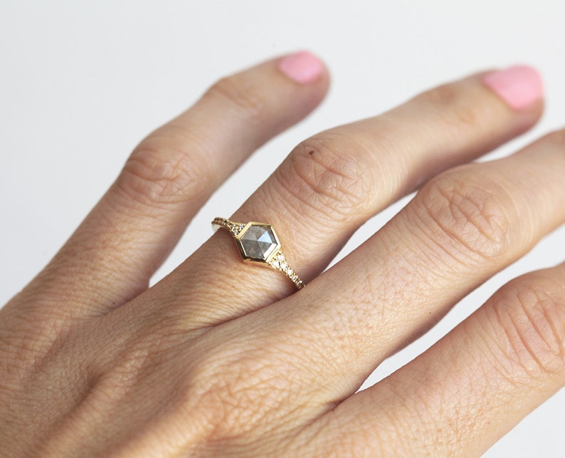 Natural Diamond ring with Rose Cut Hexagon Diamond, Grey Diamond Engagement Ring image 4