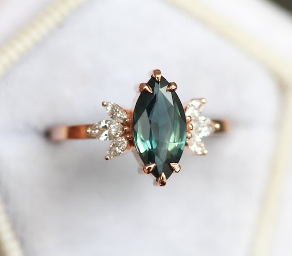 Marquise Teal Sapphire Ring Set Unique Sapphire Diamond