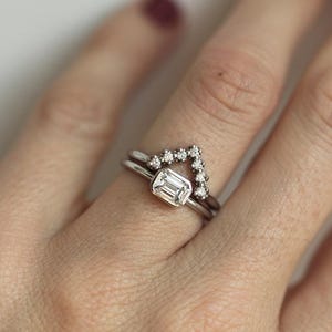 Emerald Diamond Ring, Emerald Cut Solitaire Diamond Ring with Diamond Wedding Band, Simple Diamond Ring Set image 3