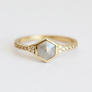 Natural Diamond ring with Rose Cut Hexagon Diamond, Grey Diamond Engagement Ring image 3