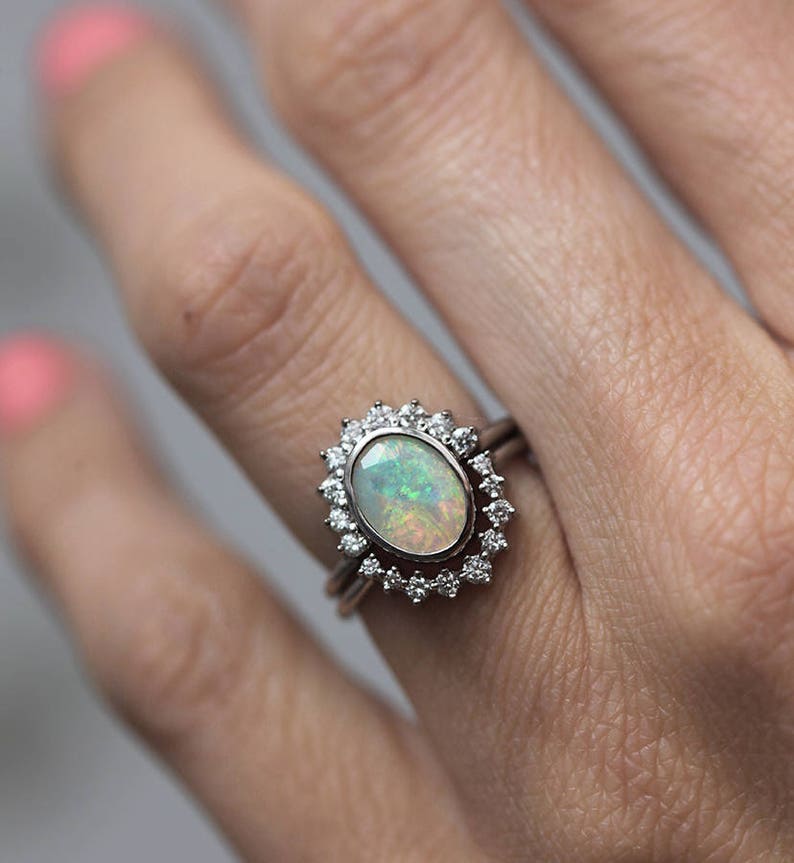 Australian Oval Opal and Diamond Ring Set, Australian Opal Diamond Engagement Ring Set image 2