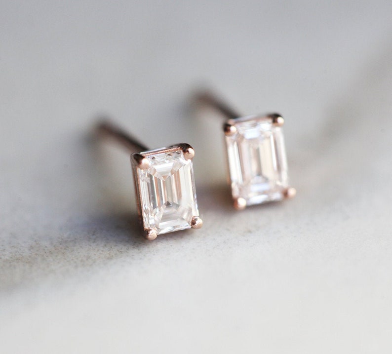 Emerald cut diamond earrings, Diamond Stud Earrings, Emerald Diamond Earrings, Rose Gold Diamond Studs, Everyday diamond earrings image 1