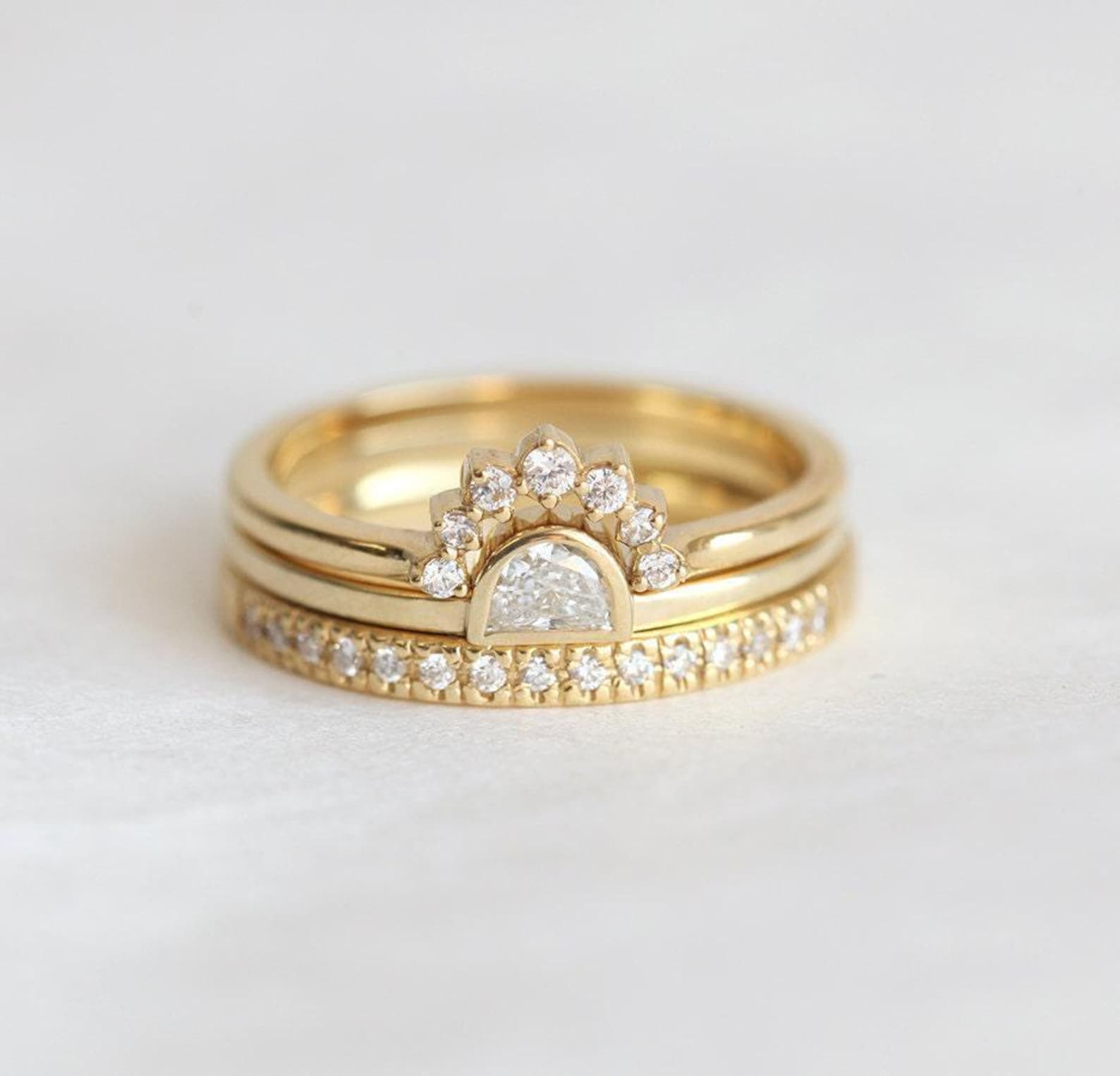 Boho Bridal Ring Set With Half Moon Diamond Ring With Diamond Curved