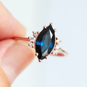 Blue sapphire diamond ring, Marquise engagement ring, Dark sapphire wedding ring, Rose gold ring image 5