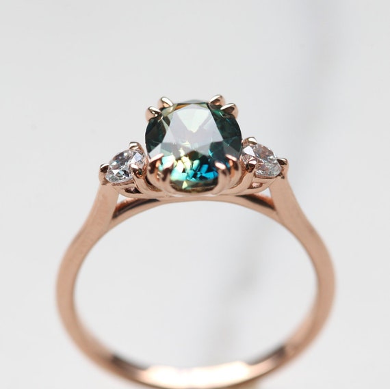 Rose Gold Oval Cut Green Blue Sapphire Dainty Elegant Engagement Ring -  MollyJewelryUS