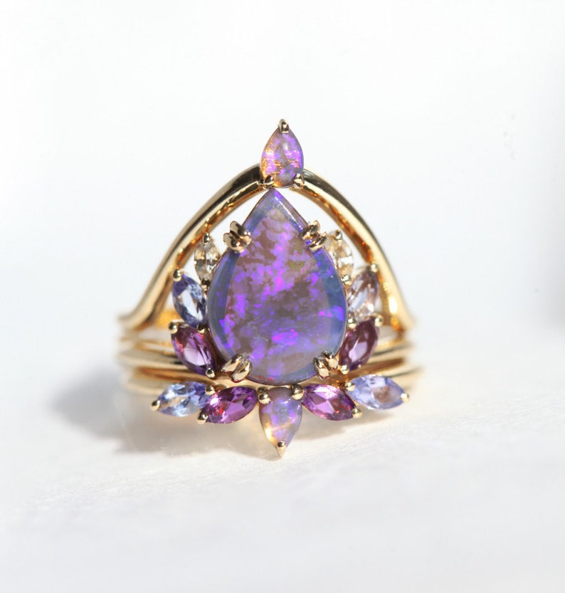 Raiven black opal ring set, Unique purple opal engagement set image 5