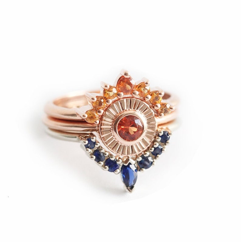 Sapphire engagement ring set, Sunset wedding set, Orange & blue gemstone rings image 1