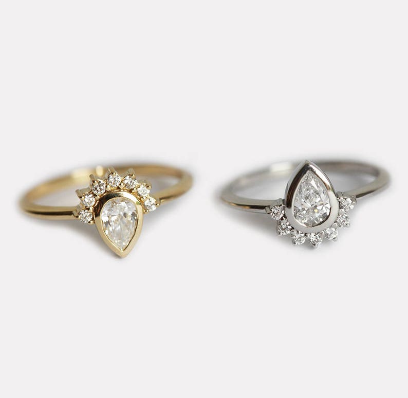 Pear Diamond Engagement Ring or Wedding Set with Lace Curved V Band, 18k Solid Gold or Platinum image 3