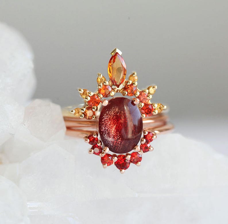 Flame Sunstone Ring Set with Oval Oregon Sunstone and Red, Fire ring Set, Orange, Yellow Sapphires, Unique Autumn Engagement Set image 5