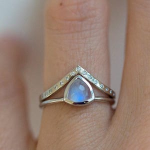 Trillion Engagement Ring with V shaped Diamond Ring, Moonstone Solitaire Ring with Diamond Band