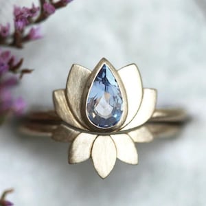 Blue Sapphire Ring Set, Pear Sapphire Engagement Ring Set, Floral Engagement Ring, Floral statement Ring