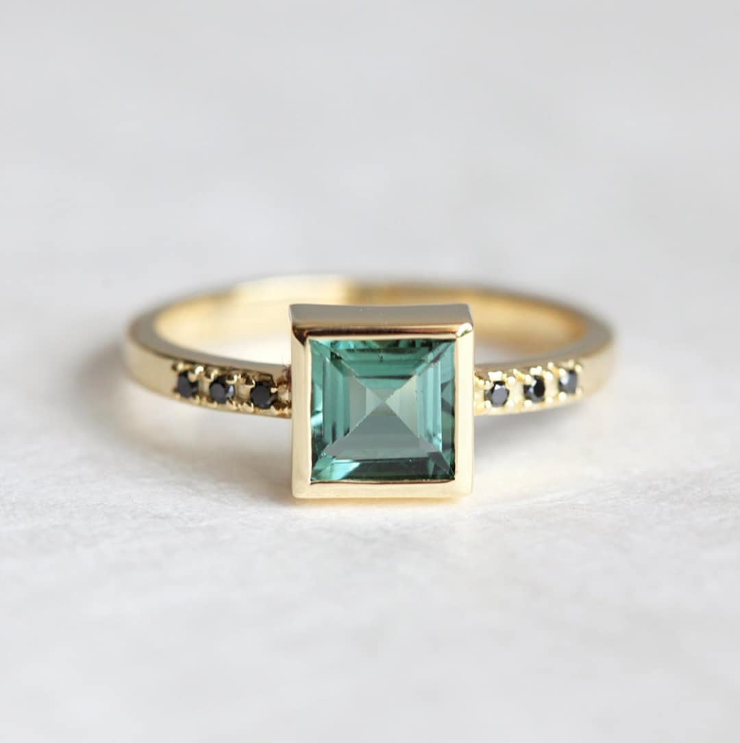 Green Tourmaline Ring With Black Diamonds 14k or 18k Gold - Etsy