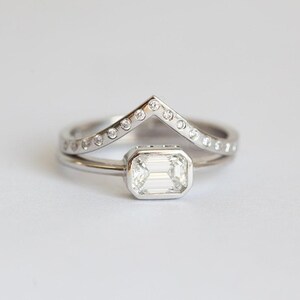 Emerald Diamond Ring, Emerald Cut Solitaire Diamond Ring with Diamond Wedding Band, Simple Diamond Ring Set image 4