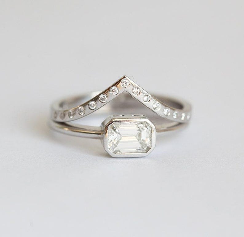 Emerald Diamond Ring, Emerald Cut Solitaire Diamond Ring with Diamond Wedding Band, Simple Diamond Ring Set image 4