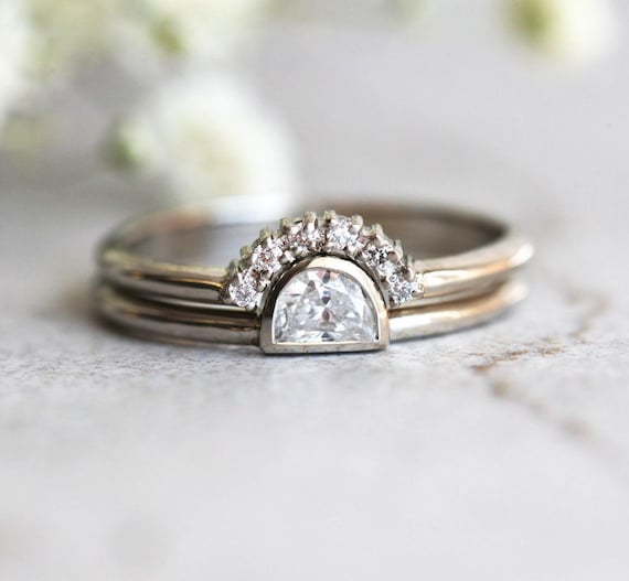 Half Moon Diamond Ring, Rose Gold Diamond Set, Rose Gold Wedding Set, Rose Gold Diamond Ring, Engagement Ring, 14k Rose Gold