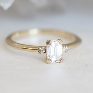 Diamond engagement ring, Emerald cut ring, Three stone ring, Simple gold ring, GIA diamond ring image 4