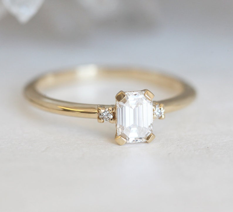 Diamond engagement ring, Emerald cut ring, Three stone ring, Simple gold ring, GIA diamond ring image 4