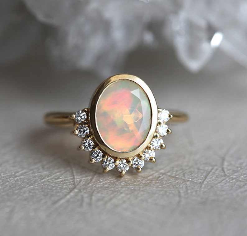 Australian Opal Ring Rose Gold Diamond Opal Ring Oval Opal - Etsy