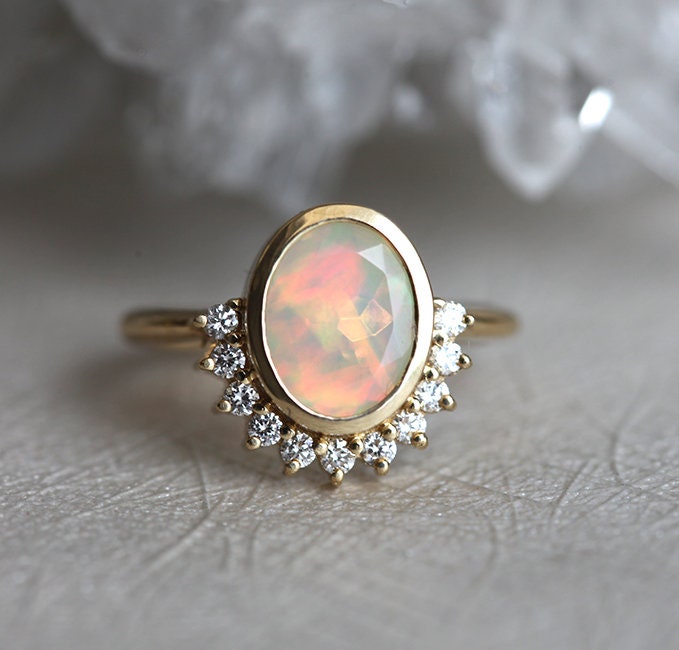 Australian Opal Ring Rose Gold Diamond Opal Ring Oval Opal | Etsy