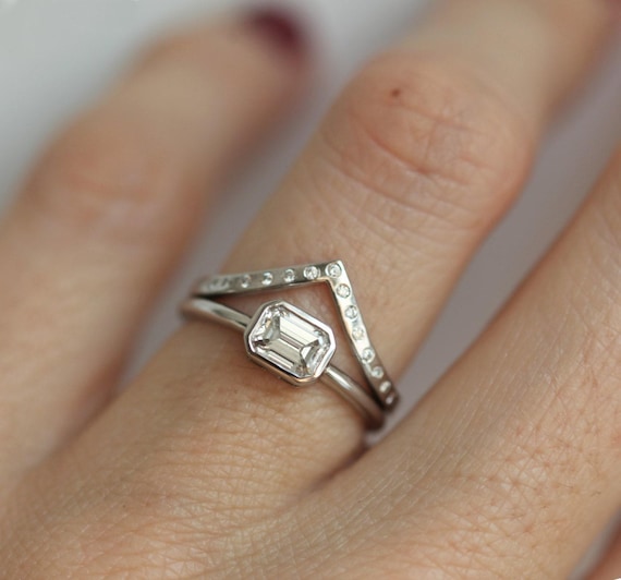 Emerald Diamond Ring, Emerald Cut Solitaire Diamond Ring with Diamond Wedding Band, Simple Diamond Ring Set