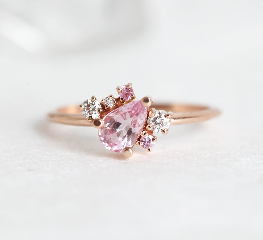 Light Pink Sapphire Ring Sideways Cluster Ring Rose Gold | Etsy