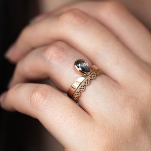 Salt and Pepper Diamond Ring, Rose Cut Pear Diamond Ring, Unique Diamond Engagement, Black, Gray Pear Diamond, 14k 18k rose yellow image 5
