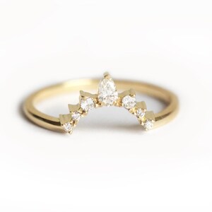 Diamond Nesting Band in 14k Solid Gold with Prong Set Round & Pear Stones, Curved Matching Wedding Ring