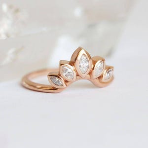 Solitaire Round Diamond ring with Curved Diamond Crown, Pear Diamond Band, Unique Diamond Engagement Set, Wedding Rign Set image 8