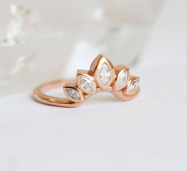 Solitaire Round Diamond ring with Curved Diamond Crown, Pear Diamond Band, Unique Diamond Engagement Set, Wedding Rign Set image 8