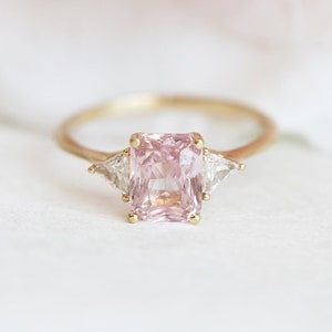 Peach Blush Sapphire Engagement Ring, Radiant Peach Sapphire Ring with Trillion Diamonds, Trillion Diamond Ring by Minimalvs image 7