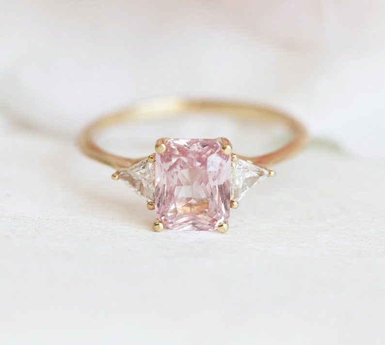 Peach Blush Sapphire Engagement Ring, Radiant Peach Sapphire Ring with Trillion Diamonds, Trillion Diamond Ring by Minimalvs image 7