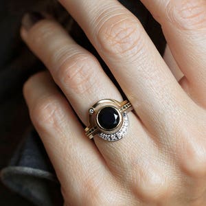 Black diamond engagement ring, Eclipse ring set, Alternative onyx set, Moon wedding set image 3