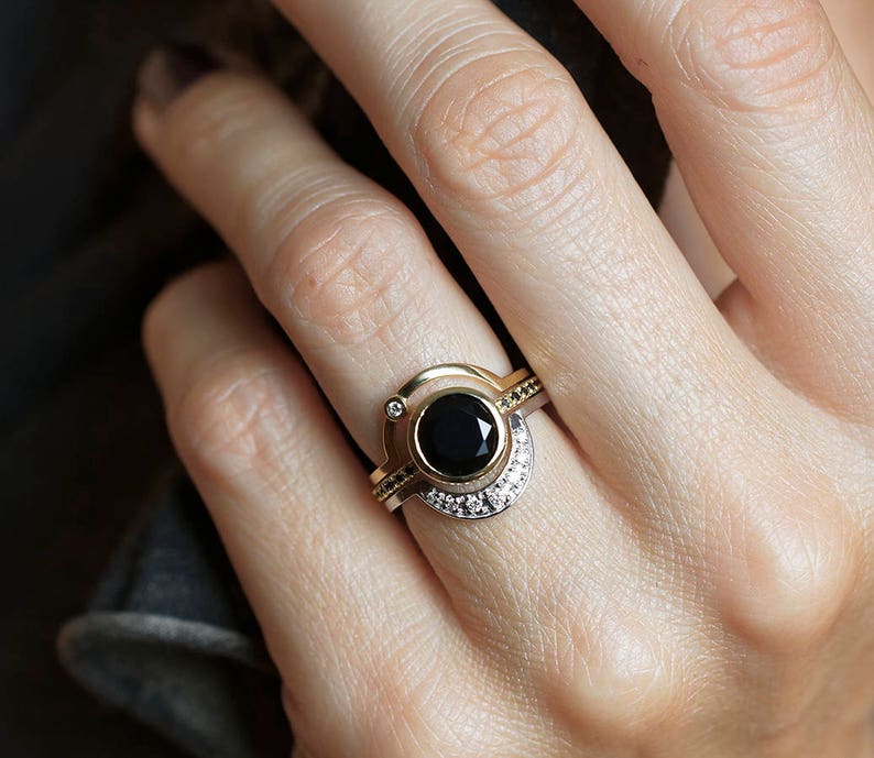 Black diamond engagement ring, Eclipse ring set, Alternative onyx set, Moon wedding set image 3