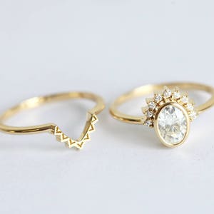 Oval Diamond Ring, Diamond Engagement Ring With Oval Cut Diamond Half Halo and curved gold Lace band image 3