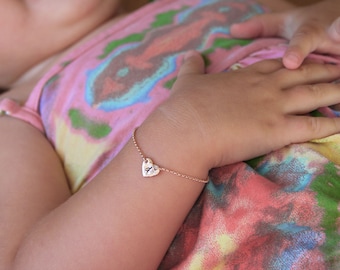 Infant Baby Bracelet, Rose Gold Filled Heart Bracelet, 14K Initial Charm Bracelet, Child Initial Bracelet, Letter Bracelet, Baptism Gift