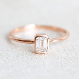 Emerald cut engagement ring, 0.3ct GIA diamond solitaire, Delicate wedding ring, Simple bezel ring