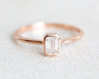 Emerald cut engagement ring, 0.3ct GIA diamond solitaire, Delicate wedding ring, Simple bezel ring