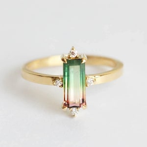 Watermelon tourmaline ring, Bicolor engagement ring, Baguette pink green art deco ring