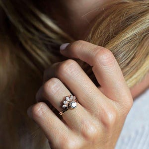 Solitaire Round Diamond ring with Curved Diamond Crown, Pear Diamond Band, Unique Diamond Engagement Set, Wedding Rign Set image 2