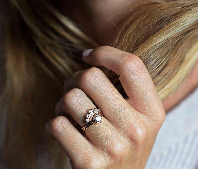 Solitaire Round Diamond ring with Curved Diamond Crown, Pear Diamond Band, Unique Diamond Engagement Set, Wedding Rign Set image 2