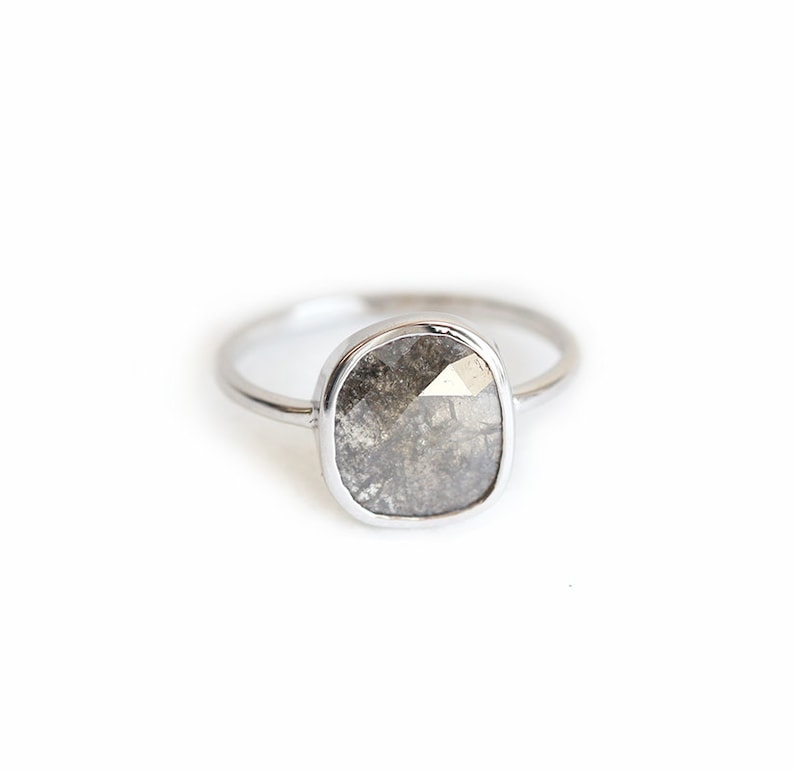 Grey diamond ring, Diamond slice engagement ring, Simple salt pepper ring, Ooak bezel solitaire image 4