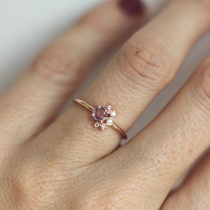 Round Pink Sapphire & Diamond Cluster Ring, Rose Cut Purple Sapphire Ring in 14k Solid Gold image 2